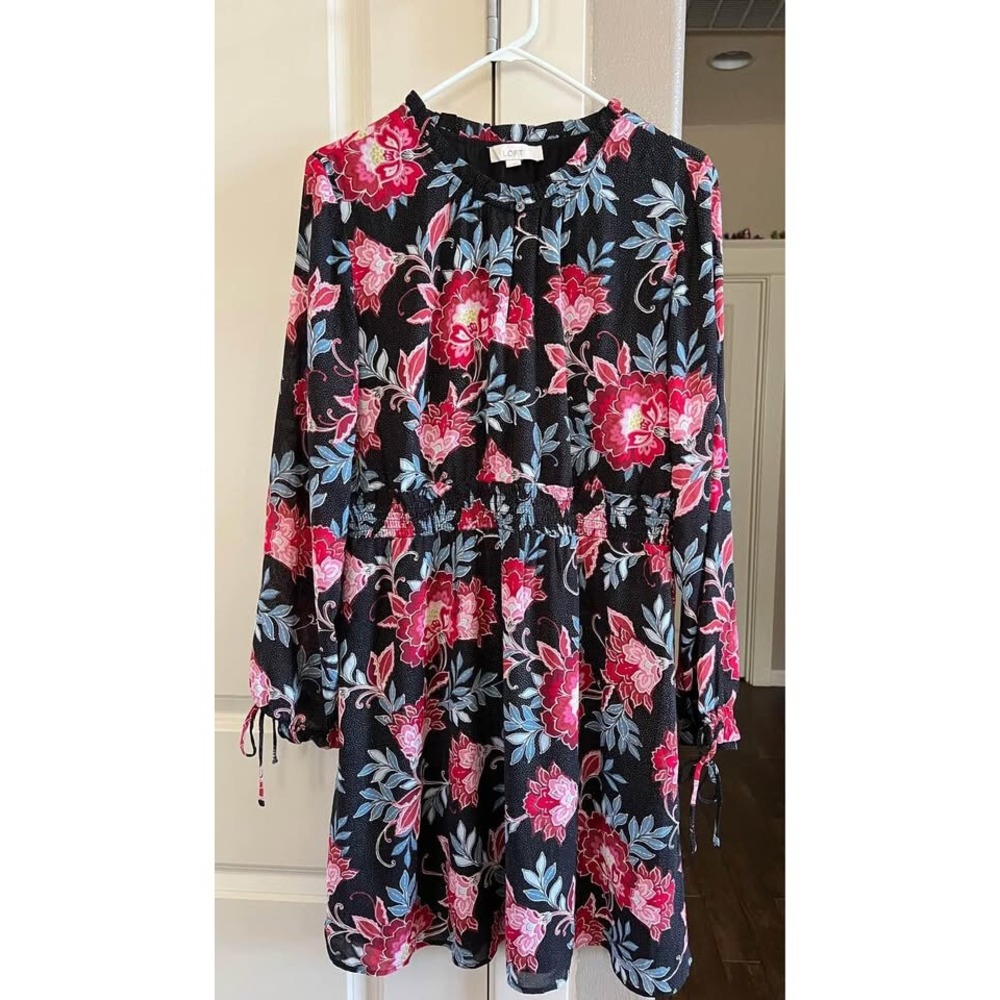 Black Red Pink Blue Floral and Polka Dot‎ Long Sleeved Dress from Loft-Size 12